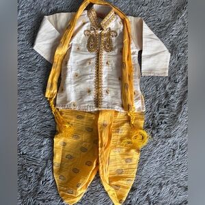 Ethnic silk Yellow Cream Matching Indian Dhoti Set Jerdosi pearl embroidery